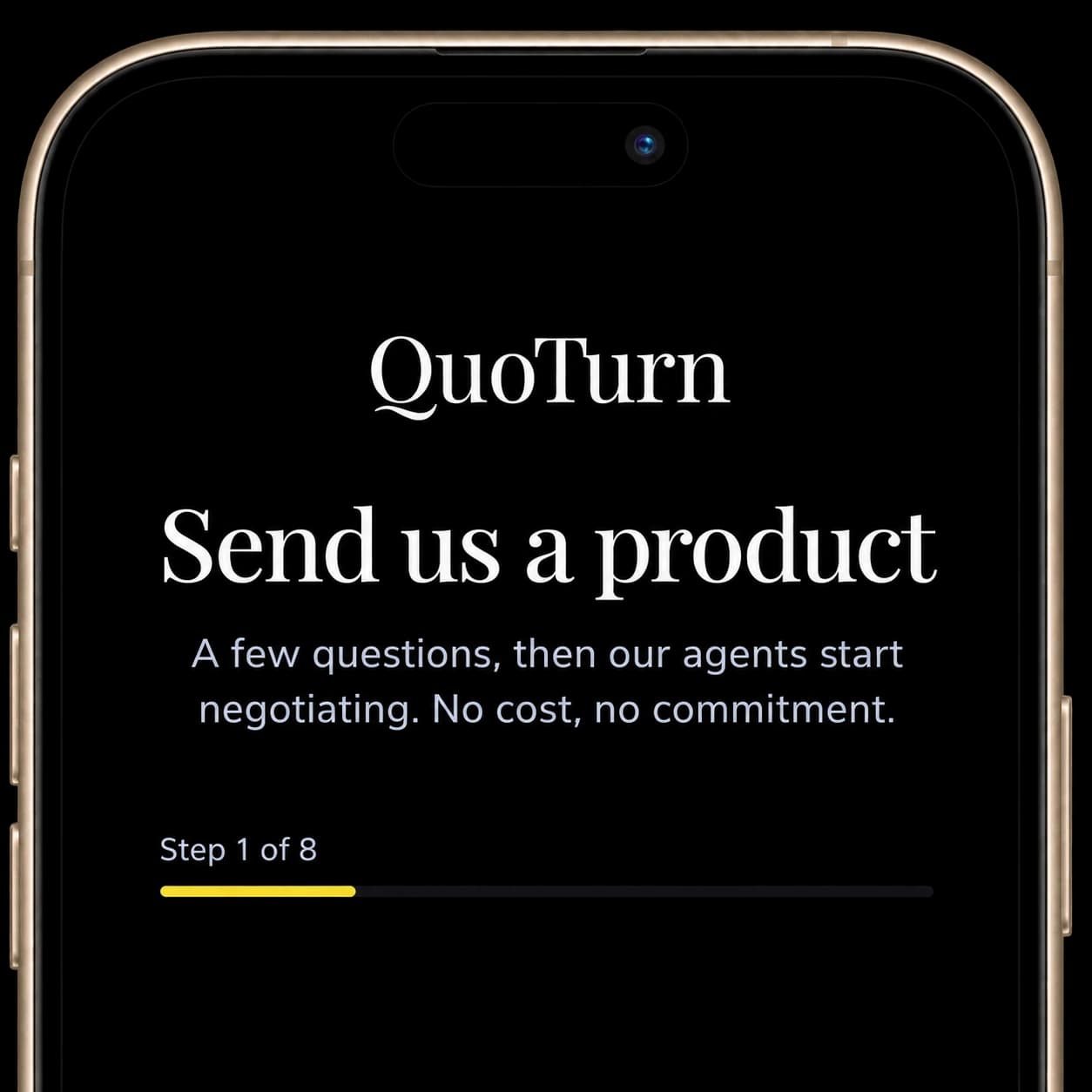 An iPhone showing QuoTurn product intake with a black mobile screen and no sidebar