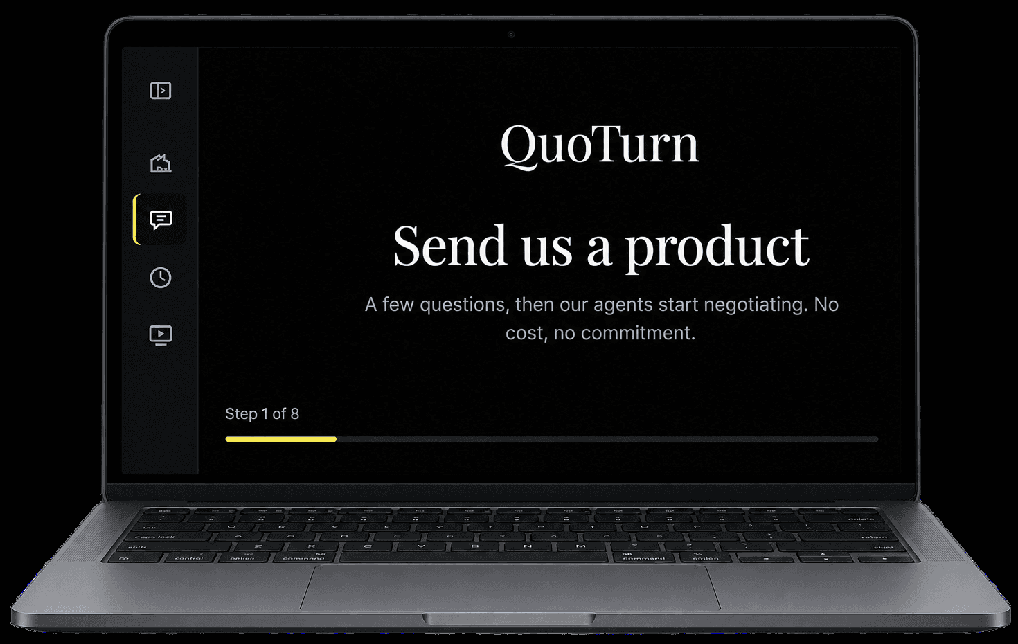 A MacBook showing the QuoTurn product intake flow