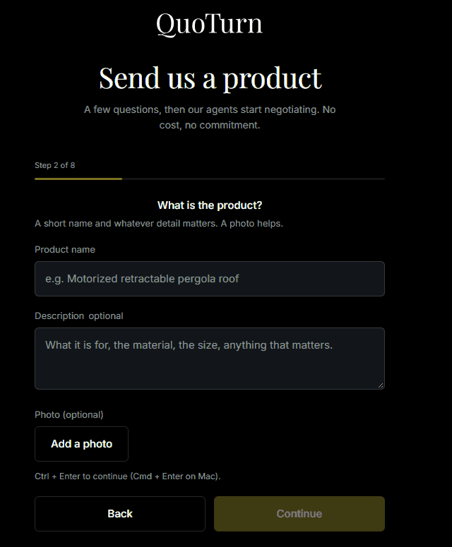 QuoTurn quote form for entering a product name, description, and photo