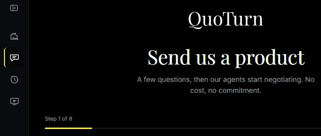 The QuoTurn quote flow with a product intake prompt and progress bar