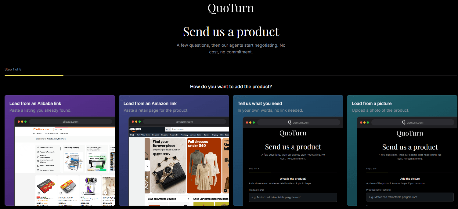 QuoTurn product intake with link, description, and photo options